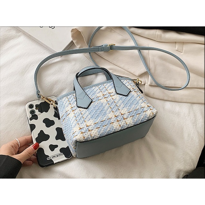 Checked Bucket Bag Woolen Wool Handbag Women's Bag