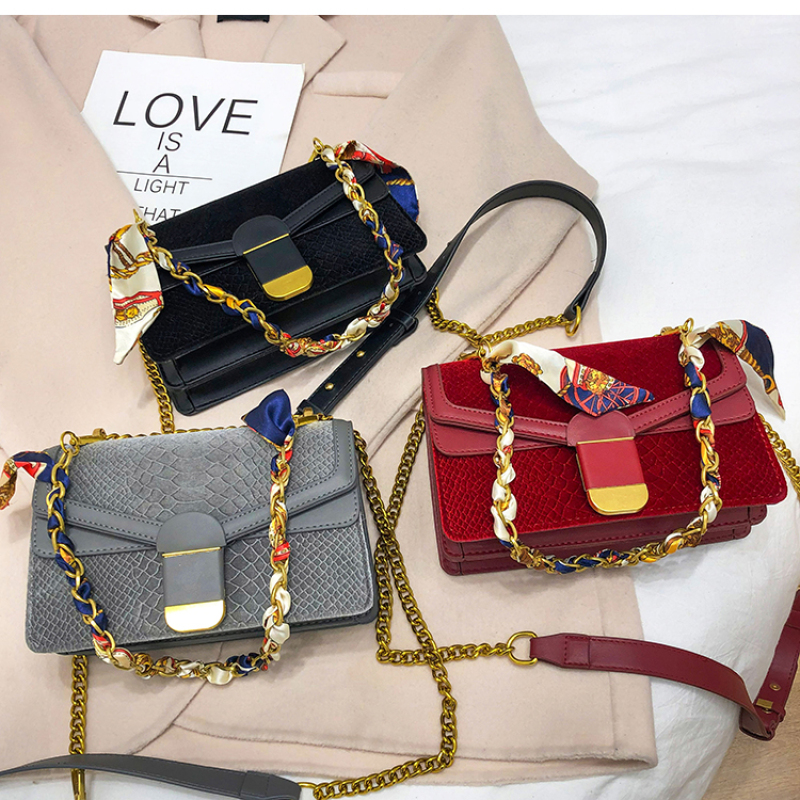 Silk Scarf Chain Shaped Velvet Crossbody Small Square Bag Handbag
