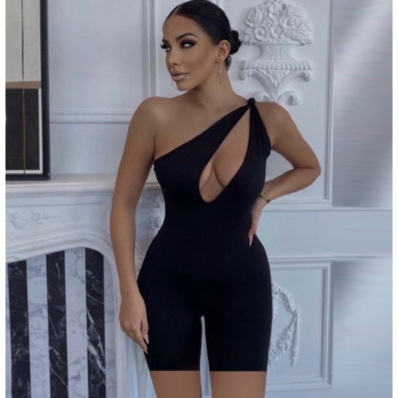 Aliexpress Summer One-Shoulder Hollow Sexy Solid Color High Waist Skinny Sports Jumpsuit