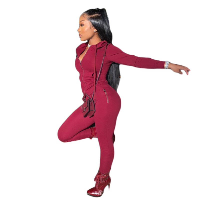 Amazon Wish Fall Hot Cross-Border European And American Women Solid Color Suit Personalized Zipper Sports Sweater Two-Piece Suit