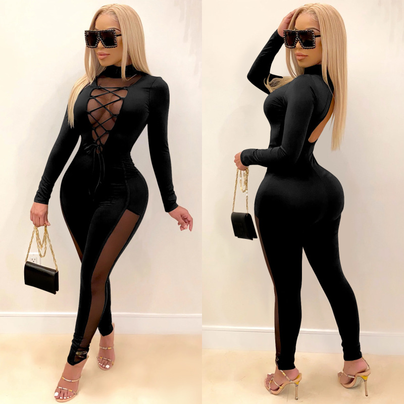 New Winter Products Amazon Fashion Europe And The United States Deep V Perspective Tight Sexy Solid Color Jumpsuit Women