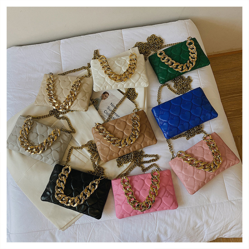 Euro-American Grid Thick Chain Portable Small Square Bag Pu Leather Ladies Handbags Ins Texturer Trend Messenger Handbags Ladies