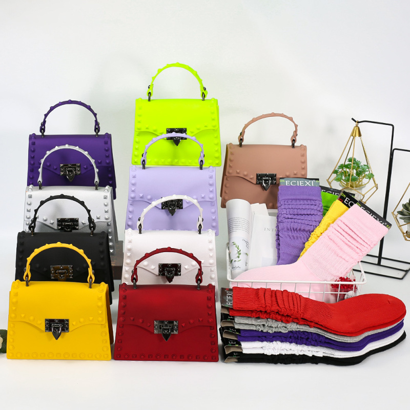 Hot Sales Pvc Leather Combination Fashion Matte Jelly Bag Rivet With Winter Souch Sock 2 Pieces Set Women Hand Bags And Purses