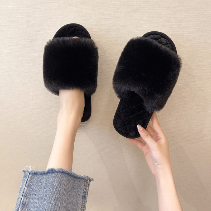 2021 New Fashion Cotton Slippers Women Open Toe Home Warmth In Winter Word Wool Slippers Winter Floor Plush Women's Slippers