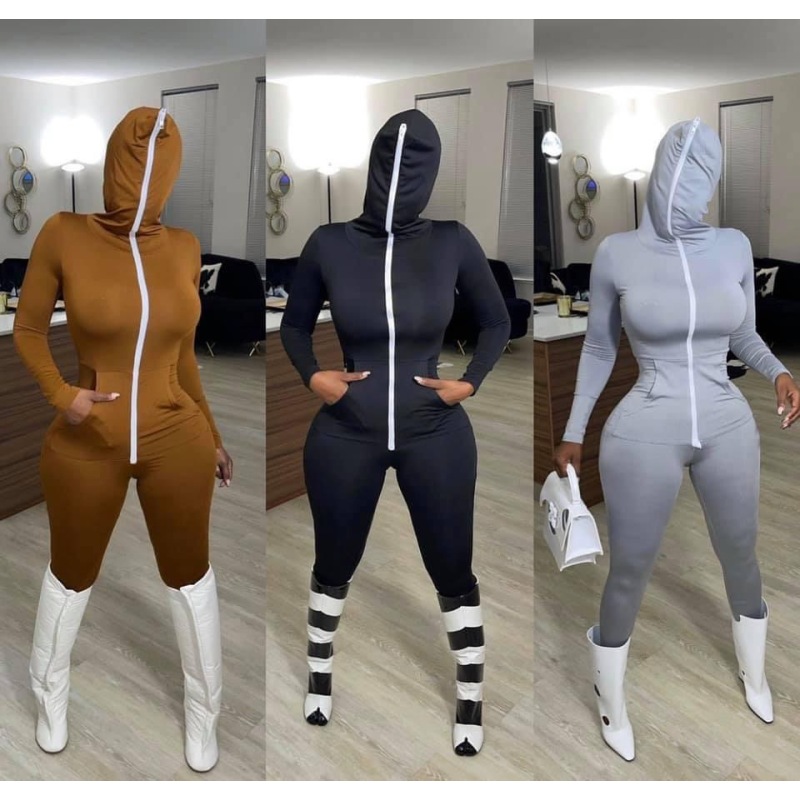 Amazon Wish Hot Sale Hot Sale Euro-American Women'S Hooded Solid Color Jumpsuit