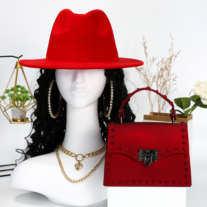 Solid Color Jazz Hat And Women's PVC Rivet Shoulder Handbag