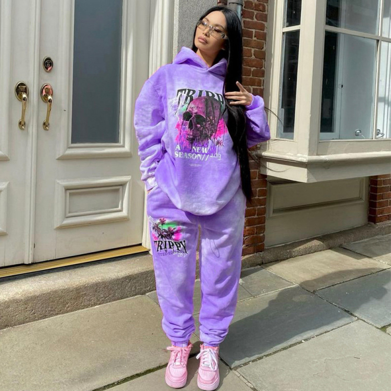 유로-아메리칸 새해 및 겨울 두꺼운 벨벳 여성용 프린트 타이 다이 후드 캐주얼 스포츠 두꺼운 정장