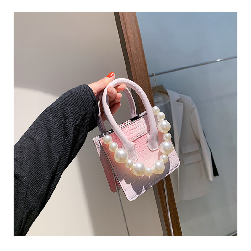 New arrival crocodile pattern pearl chain small square bag purses and handbags luxury for women hand bags 2021