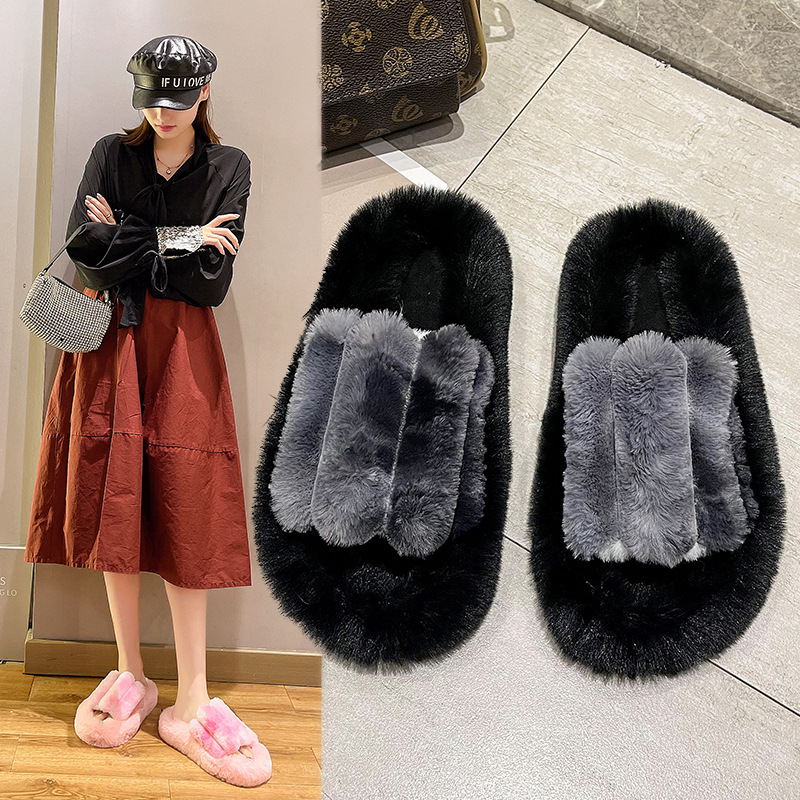 Autumn And Winter New Flip Flops House Slippers Fashion Women'S Slippers Plush Fur Fluffy Soft Slippers