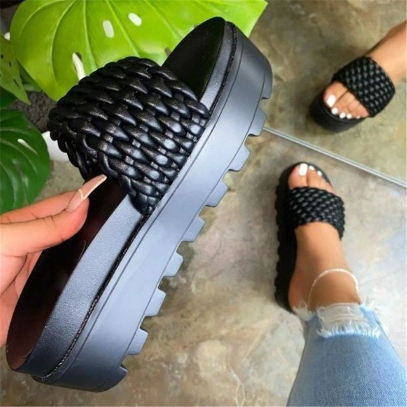 Summer 2021 Candy Color Thick-soled Knit Slide Slippers Chunky Heel Fashion Women Platform Sandals