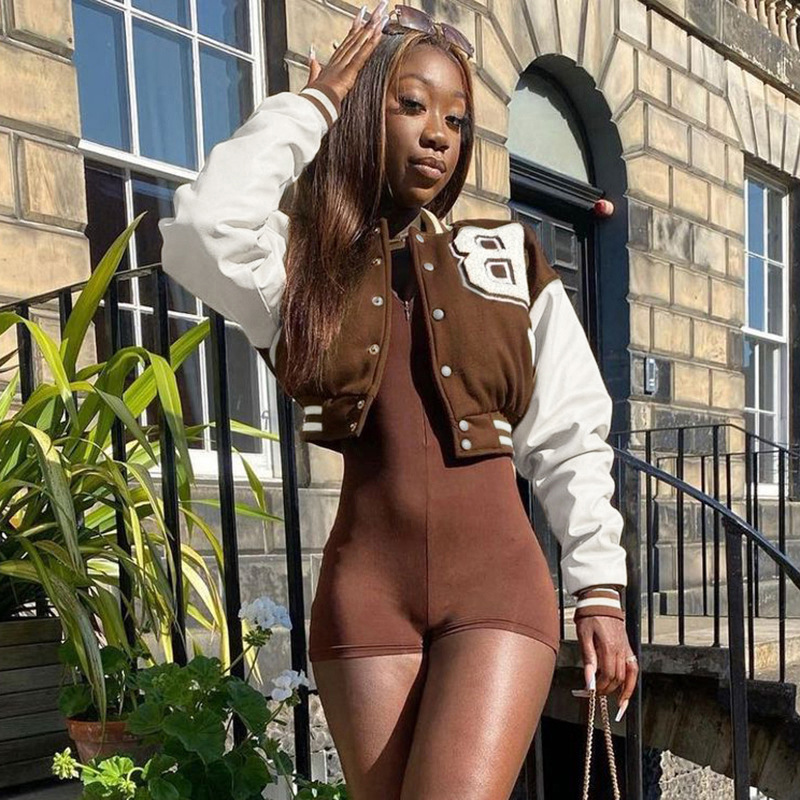 Color Matching Leather Sleeves Slim-Fit Stand-Up Collar Baseball Uniform Short Jacket Womenspring And Autumn Japanese Jacket