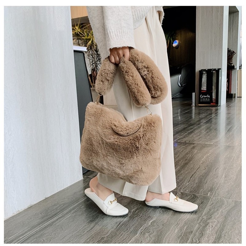 2020 Solid Color Winter Shoulder Bags Luxury Fur Purse Bags Women Handbags Ladies
