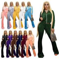 American Fashion Casual Solid Color Velvet Rib Stitching Sports And Leisure Women Hoodie Suit Two-Piece Flared Pants Ladies