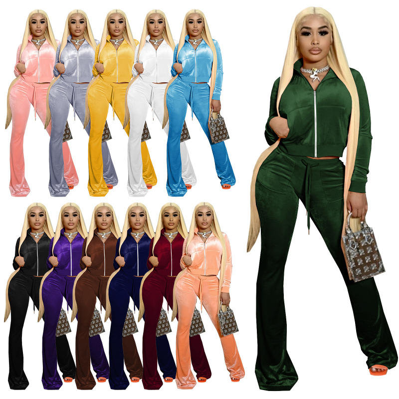American Fashion Casual Solid Color Velvet Rib Stitching Sports And Leisure Women Hoodie Suit Two-Piece Flared Pants Ladies