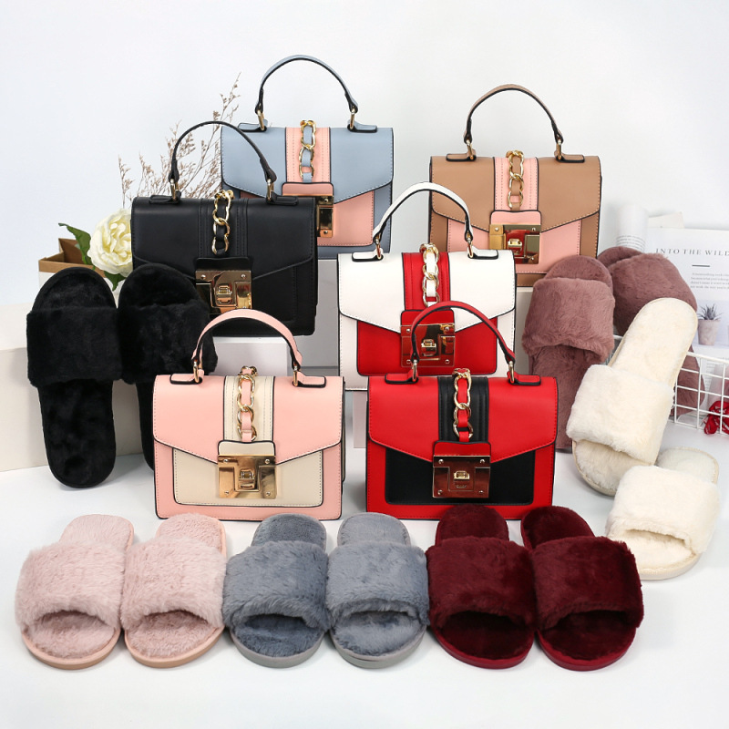 Winter Two-Piece Set Plush Slippers And Leather Hardware Lock Bag Handbag
