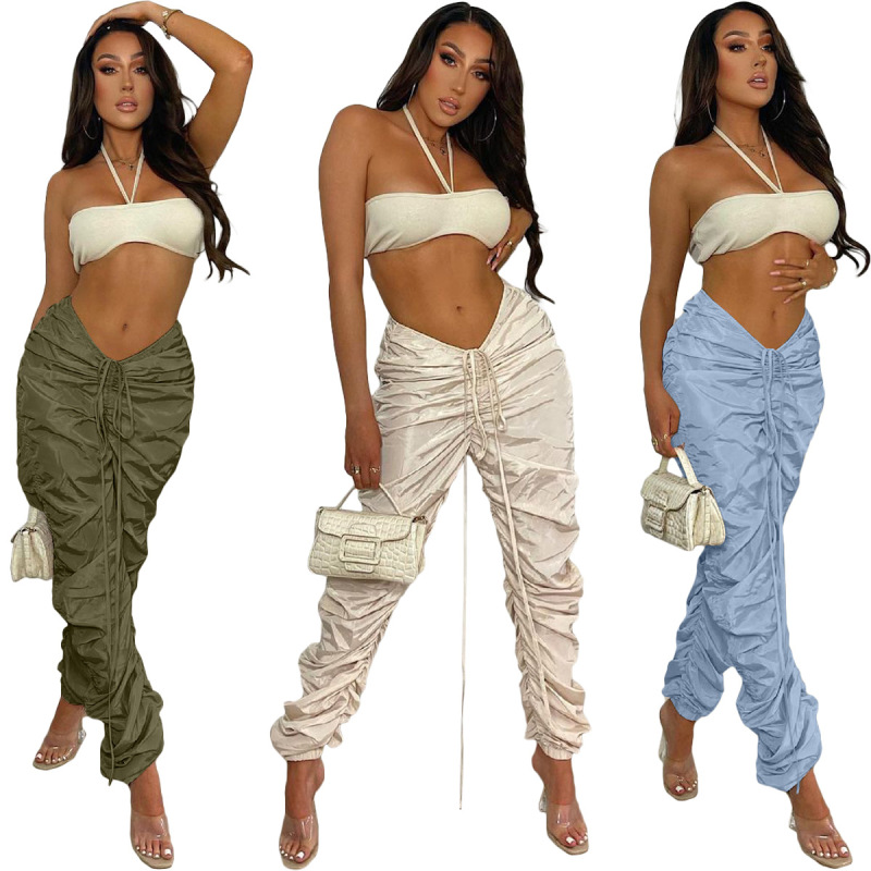 Amazon Independent Station Solid Color Memory Fabric Pleated Drawstring Sports Casual Pants