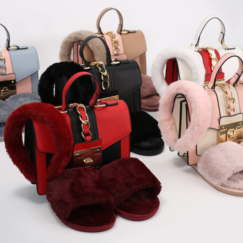 Winter Three-Piece Set Headband Headwear And Plush Slippers And Leather Hardware Lock Bag
