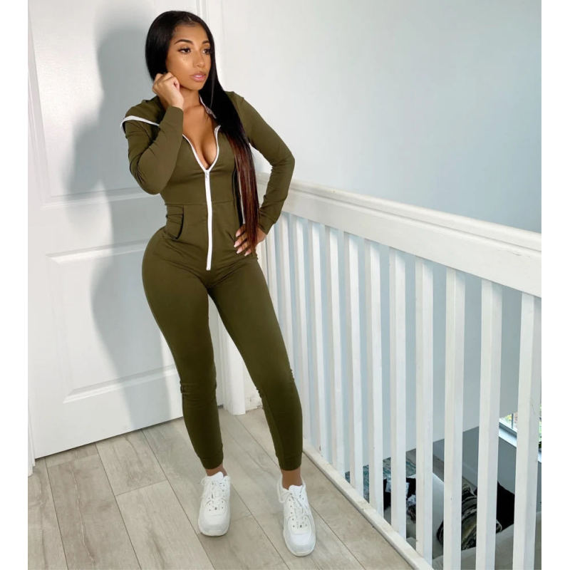 Amazon Wish Hot Sale Hot Sale Euro-American Women'S Hooded Solid Color Jumpsuit