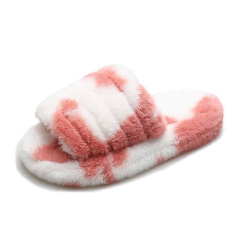Autumn And Winter Stockpile House Women'S Slippers Tie Dyed Slippers Cute And Comfortable Plush Fluffy Fur Slippers