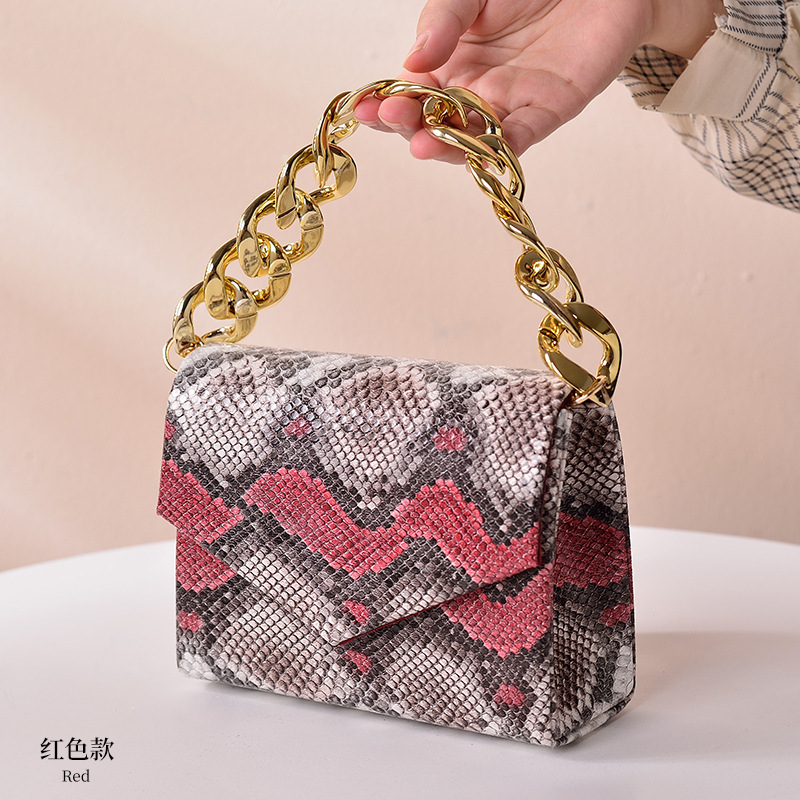 Snakeskin Pattern Leather Metal Chain Square Handbag