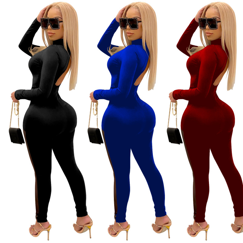 New Winter Products Amazon Fashion Europe And The United States Deep V Perspective Tight Sexy Solid Color Jumpsuit Women