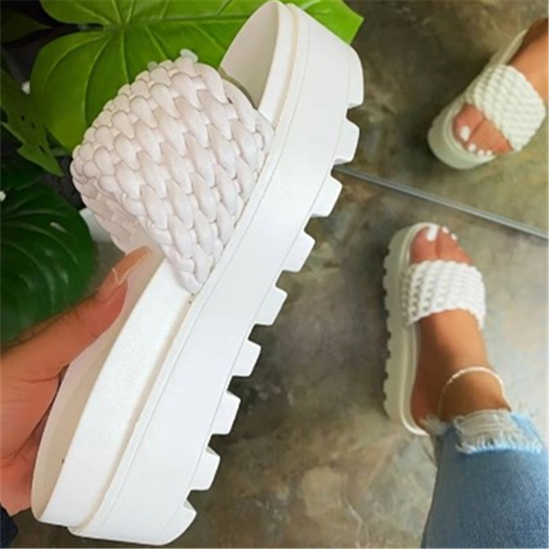 Summer 2021 Candy Color Thick-soled Knit Slide Slippers Chunky Heel Fashion Women Platform Sandals