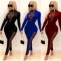New Winter Products Amazon Fashion Europe And The United States Deep V Perspective Tight Sexy Solid Color Jumpsuit Women