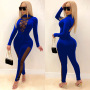 New Winter Products Amazon Fashion Europe And The United States Deep V Perspective Tight Sexy Solid Color Jumpsuit Women