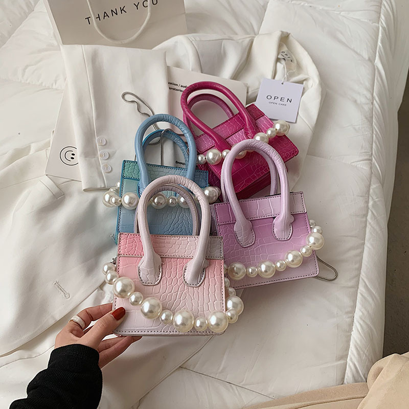 New arrival crocodile pattern pearl chain small square bag purses and handbags luxury for women hand bags 2021
