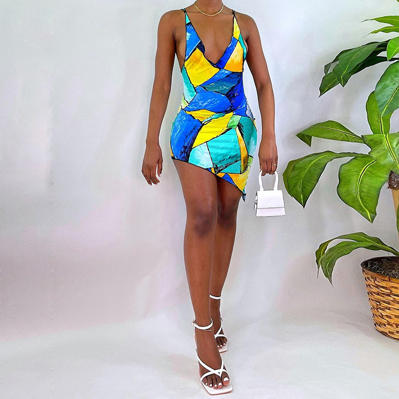2021 Latest Sexy Skinny V-neck Irregular Dress Summer Short Sleeveless Print Mini Casual Dress Women Dress