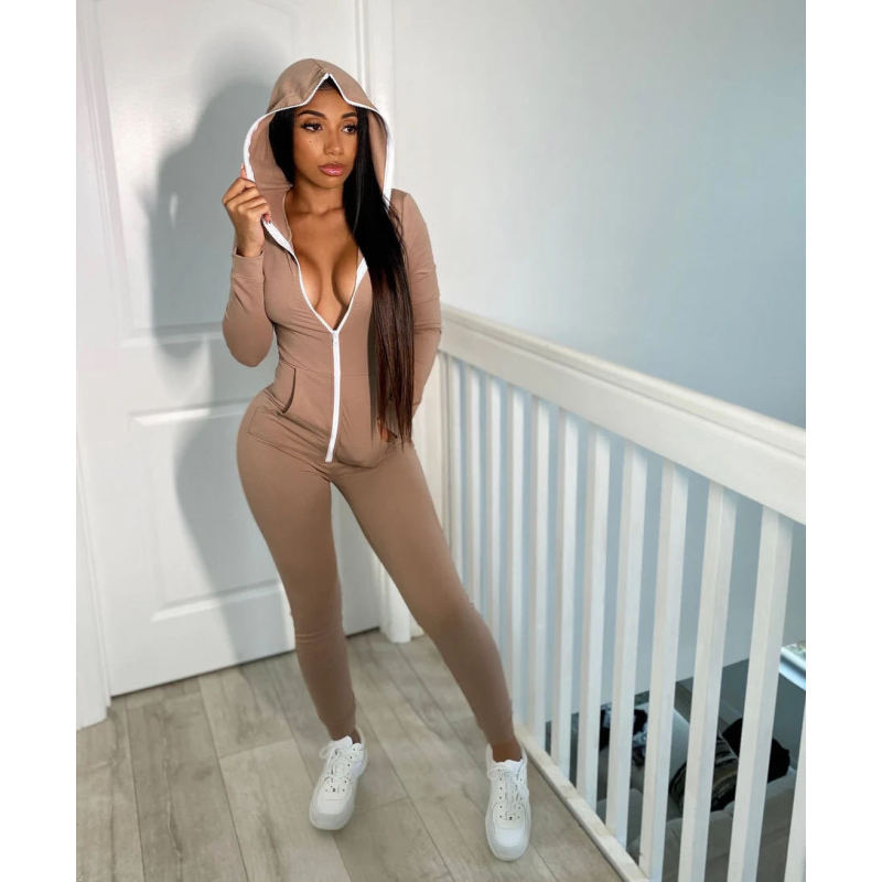 Amazon Wish Hot Sale Hot Sale Euro-American Women'S Hooded Solid Color Jumpsuit