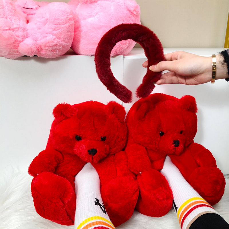 Plush Headband Accessories And Fur Bear Slippers Set