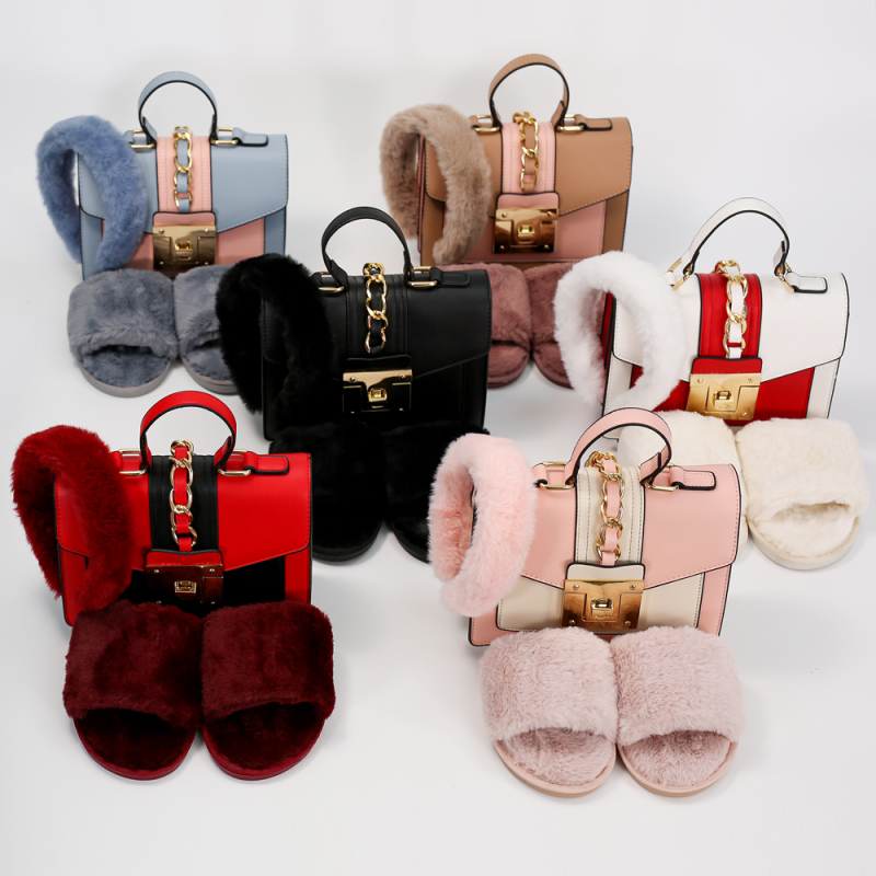 Winter Three-Piece Set Headband Headwear And Plush Slippers And Leather Hardware Lock Bag