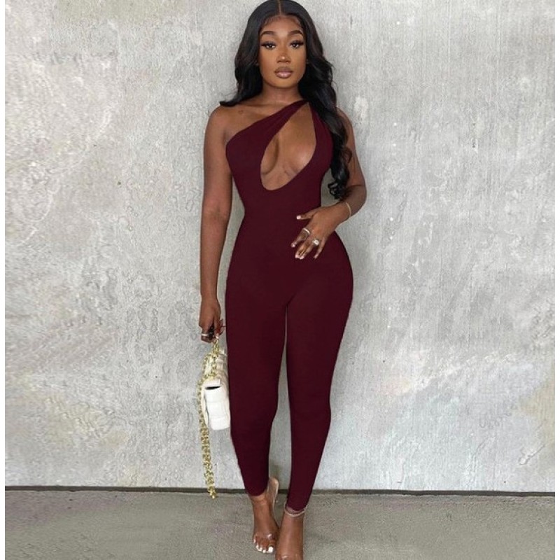 Aliexpress Summer One-Shoulder Hollow Sexy Solid Color High Waist Skinny Sports Jumpsuit