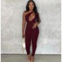 Aliexpress Summer One-Shoulder Hollow Sexy Solid Color High Waist Skinny Sports Jumpsuit