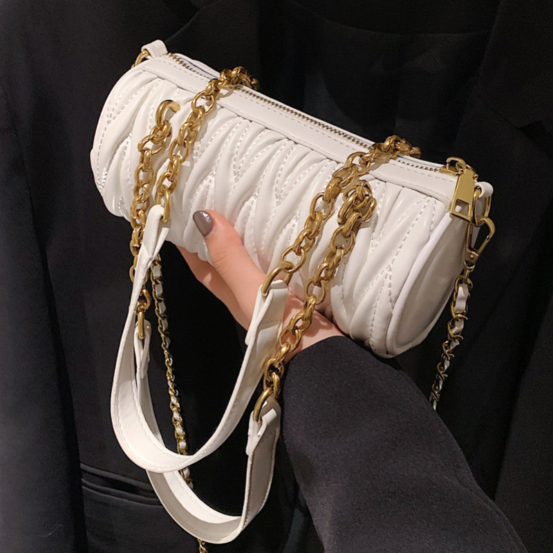 Hot Sales New Trendy Fashion Chain Fold Cylinder Bag Real Leather Handbags Ins Messenger Luxury Handbags For Women Hand Bags