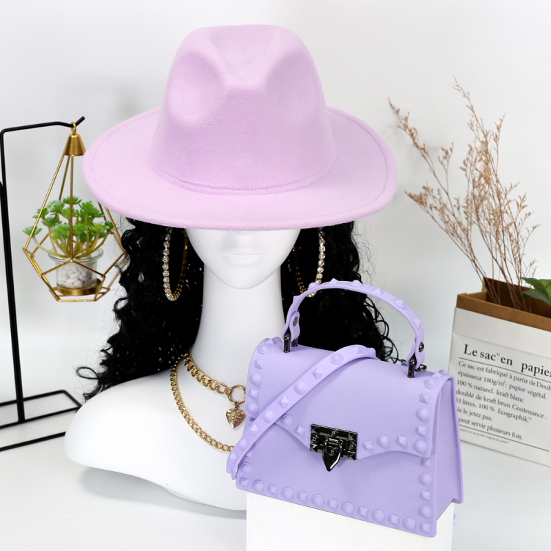 Solid Color Jazz Hat And Women's PVC Rivet Shoulder Handbag