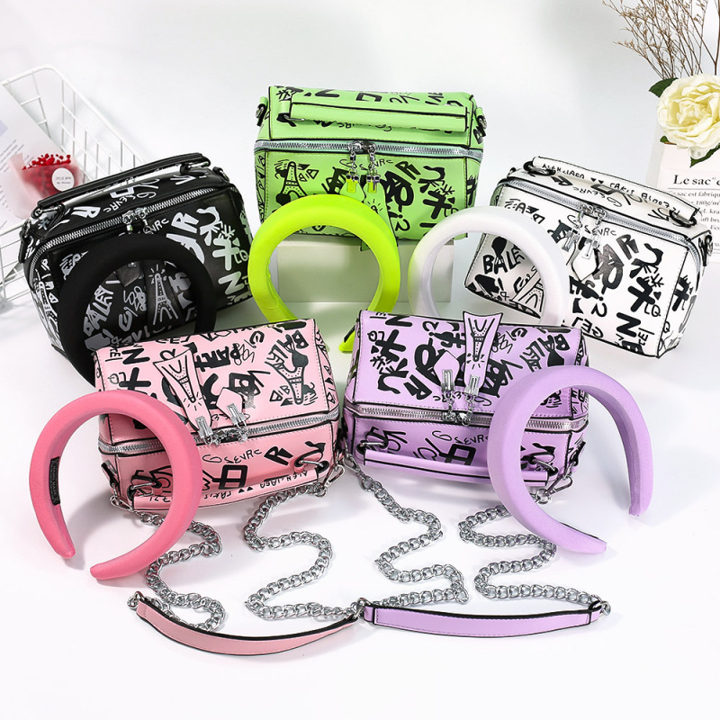 New Fashion Graffiti Women Hand Bags And Hair Band 2 Pieces Set Ins Popular Crossbody Messenger Bags Purses And Handbags Women