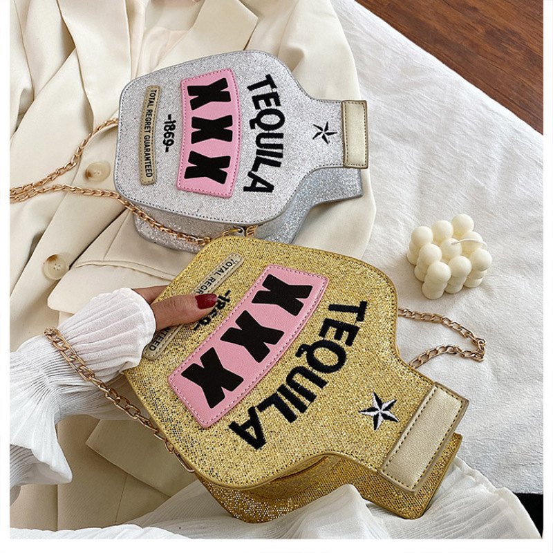 Creative Fun Laser Sequin Wine Bottle Bag Cross body bag Handbags 2020 Ins Ins New Embroidery Letter Women Shoulder Bag Handbag