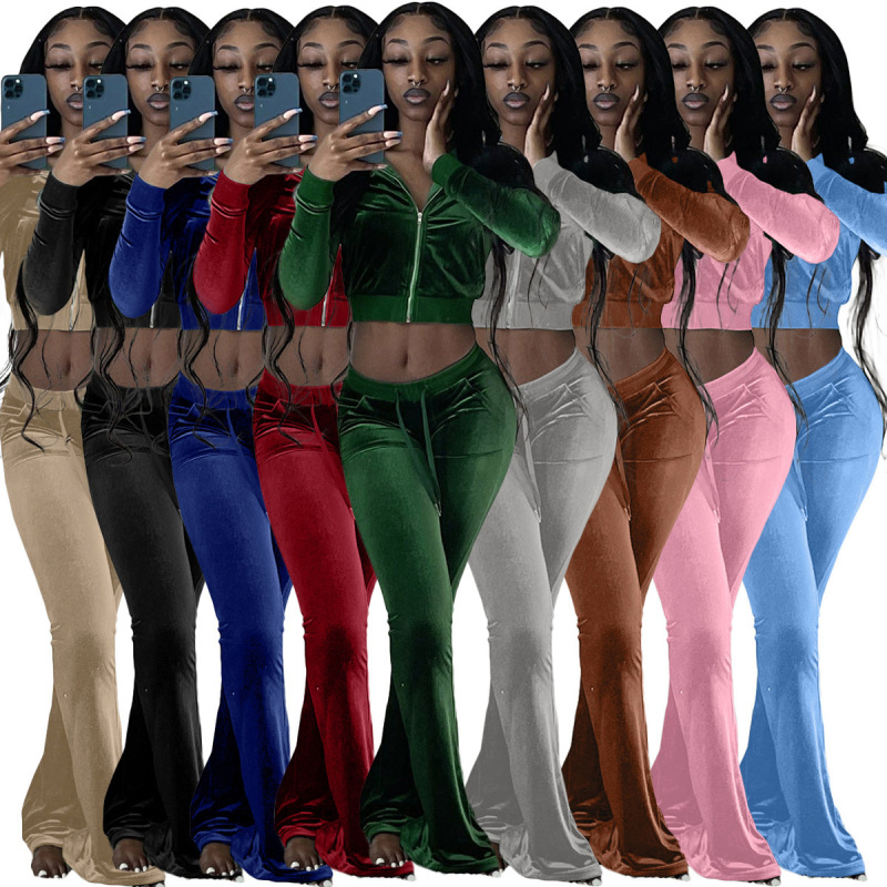 American Fashion Casual Solid Color Velvet Rib Stitching Sports And Leisure Women Hoodie Suit Two-Piece Flared Pants Ladies