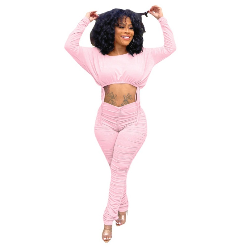 Women'S Autumn And Winter Simple Fashion Casual Sports Round Neck Pleated Drawstring Long-Sleeved Trousers Suit 2 Pieces Set