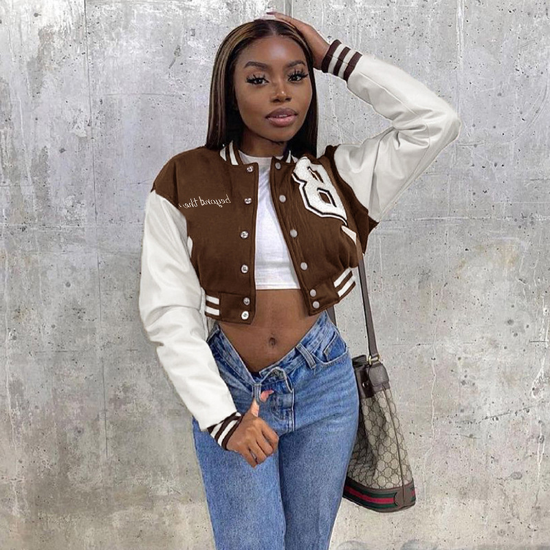 Color Matching Leather Sleeves Slim-Fit Stand-Up Collar Baseball Uniform Short Jacket Womenspring And Autumn Japanese Jacket
