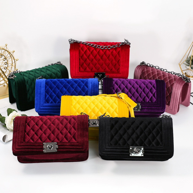 Ins 8-Color Velvet Diamond Chain Bag Crossbody Handbags Winter New Product  Women Hand Bags Ladies Purses And Handbags