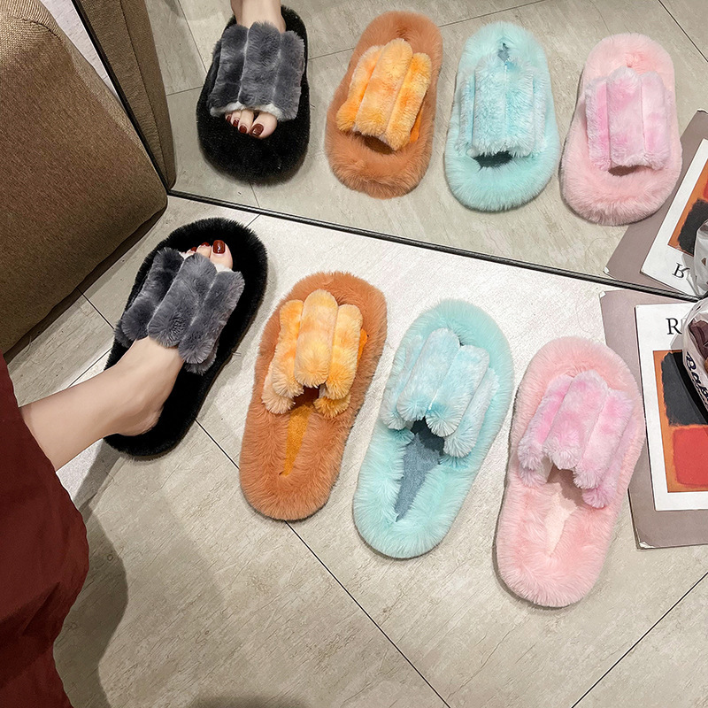 Autumn And Winter New Flip Flops House Slippers Fashion Women'S Slippers Plush Fur Fluffy Soft Slippers