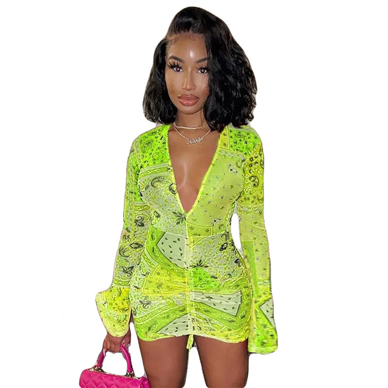 Wholesale Sexy Deep V-neck Printed Flared Sleeves Dress Summer Long Sleeve Pleat Short Dress Ladies Dress 2021
