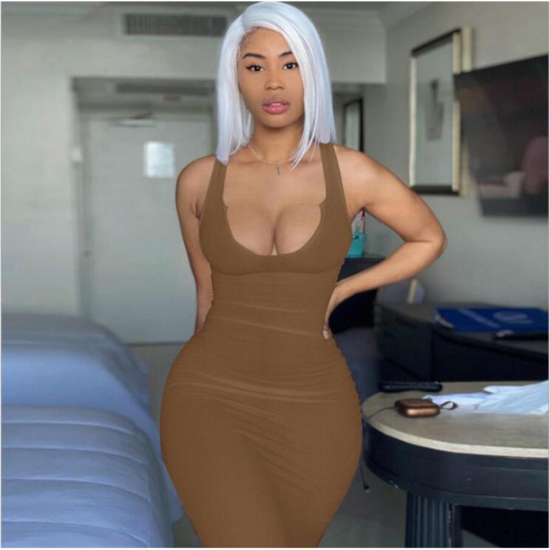 High Quality Sexy Slim Stretch U-neck Sleeveless Dress Summer Bodycon Dress For Women Clothing Causal Dress