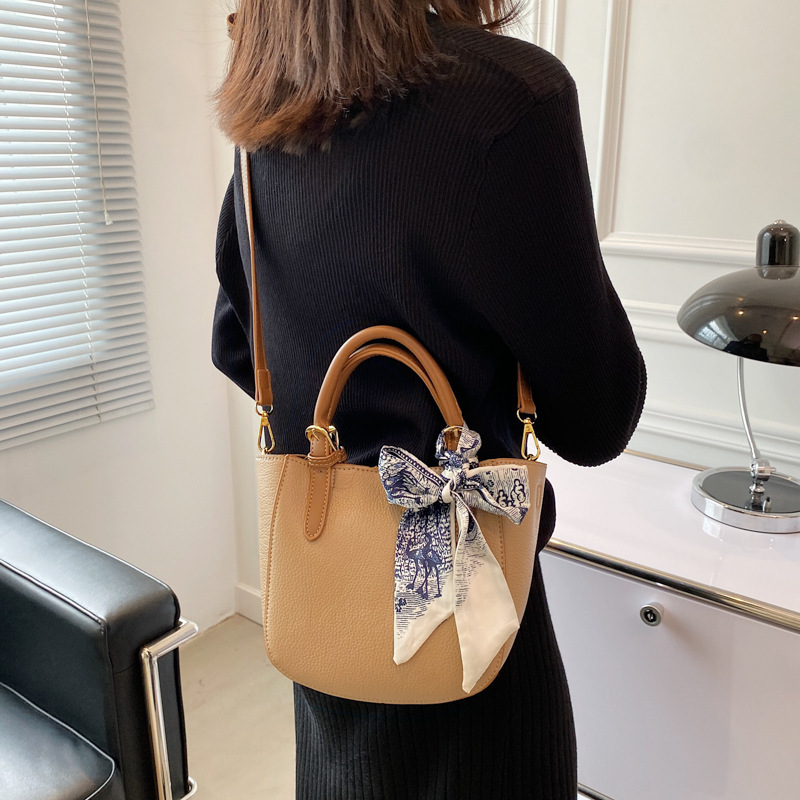 Leather Bucket Bag Ladies Silk Scarf Handbag