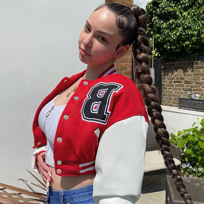 Color Matching Leather Sleeves Slim-Fit Stand-Up Collar Baseball Uniform Short Jacket Womenspring And Autumn Japanese Jacket