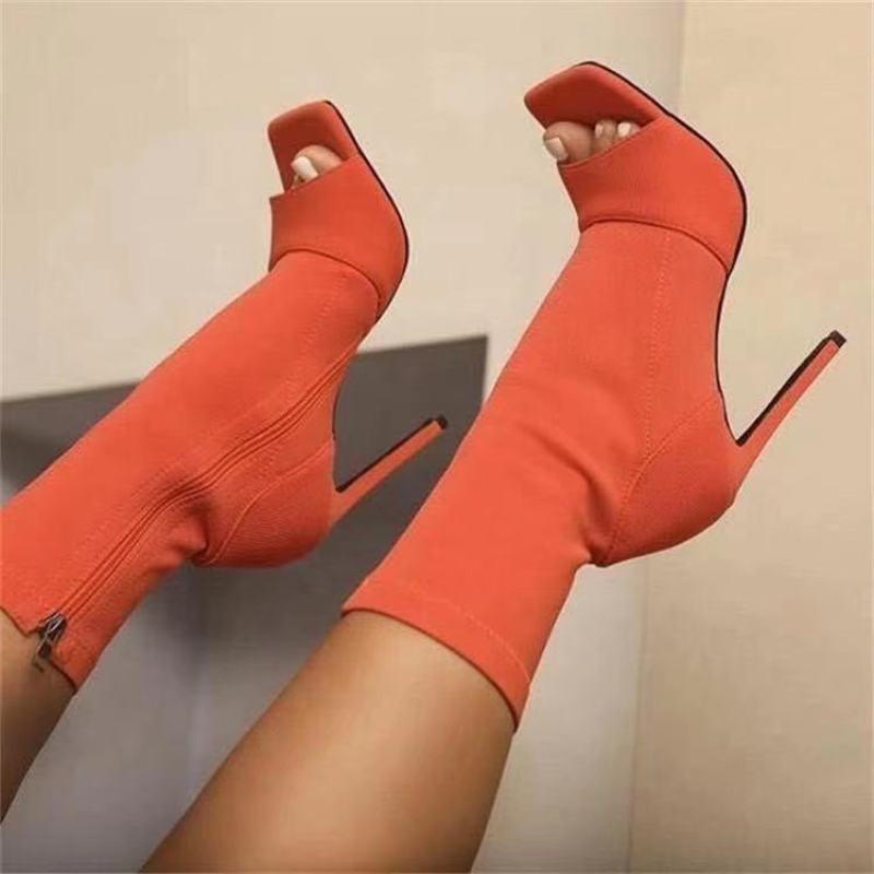 New Euro-American Fish Mouth Women'S Boots Stretch Cloth Open Toe Stiletto Sandals Plus Size Fashionable High-Top Shoes
