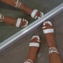 Fashion Design Strap Flat Sandals Summer Ladies Leather Sandals and Slippers Square Head Low Heels Casual Slippers